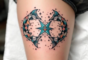 A Pisces star constellation in coral and turquoise threads its way through the Pisces sign in a mandala-style pattern. tattoo idea