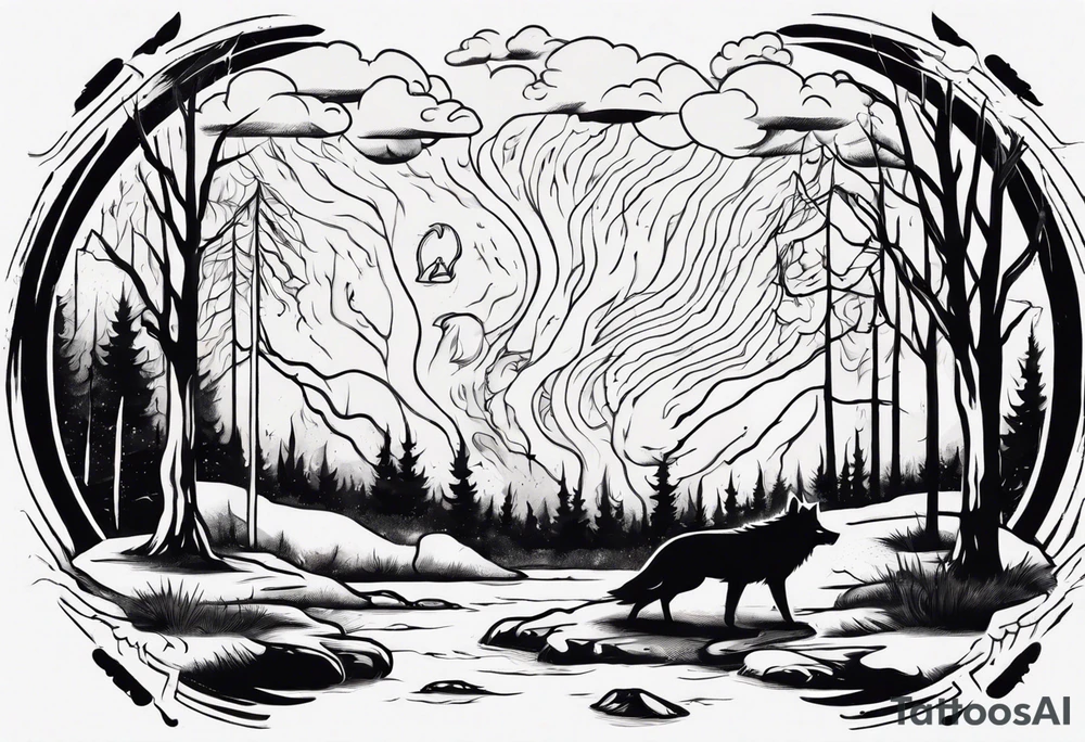 a thunder and lightning storm over a forest with a distant wolf howling and a drum circle tattoo idea