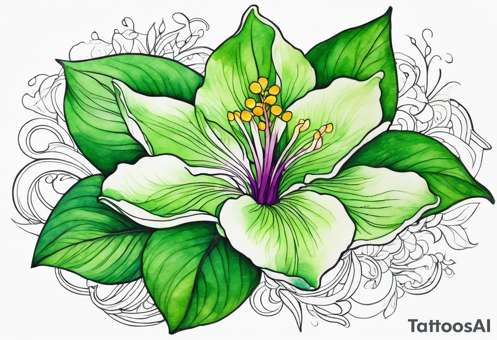 An outline of a green rio dipladenia flower and a green/purple watercolor streak in the background tattoo idea