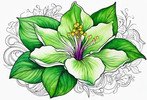 An outline of a green rio dipladenia flower and a green/purple watercolor streak in the background tattoo idea