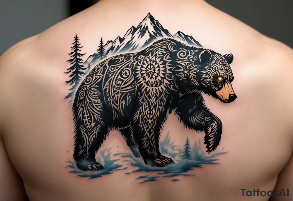 A powerful, majestic bear tattoo with a deep black and brown color palette. The bear is depicted in a standing position, symbolizing strength and protection, with intricate tribal patterns subtly etched along its body, representing its spiritual connection to the earth. The bear’s eyes glow soft golden to represent wisdom and insight. Around the bear, mountain peaks and pine trees form a natural, serene backdrop, while delicate blue mist rises from the ground, tattoo idea