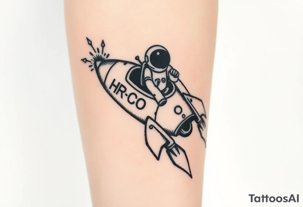 Busted Rocket ship with sparks coming out the back  with astronaut riding it. It has LHS written on it and K and J on the nose tattoo idea
