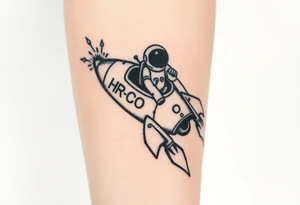 Busted Rocket ship with sparks coming out the back  with astronaut riding it. It has LHS written on it and K and J on the nose tattoo idea