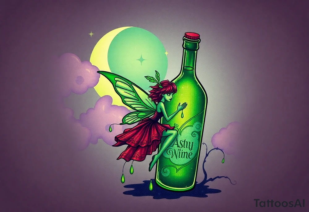 Tim Burton’s green absinthe fairy flitters outside her victorian absinthe bottle it sparkles with magic and dripping with muted reds, dusty pinks, and eerie green glow.purple and cyan smokey clouds swirl in the crescent moonlit sky thats sprinkled with stars tattoo idea tattoo idea