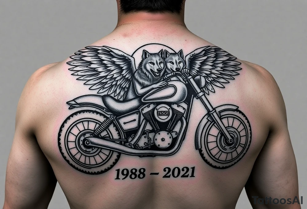 the year 1958 - 2021 with a motorcycle on it with guardian angel wolves tattoo idea
