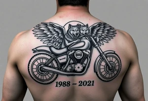 the year 1958 - 2021 with a motorcycle on it with guardian angel wolves tattoo idea