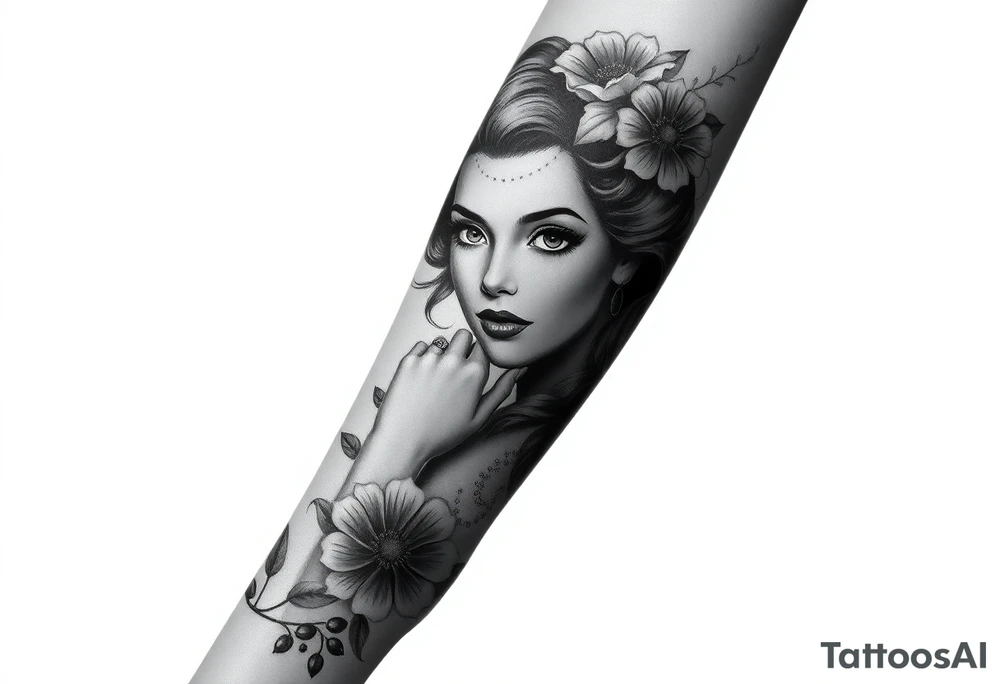 Pin up picture arm sleeve. With October flower November flower December flower tattoo idea