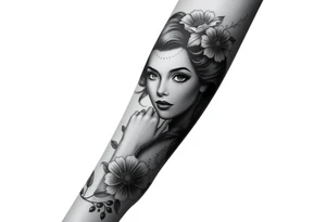 Pin up picture arm sleeve. With October flower November flower December flower tattoo idea