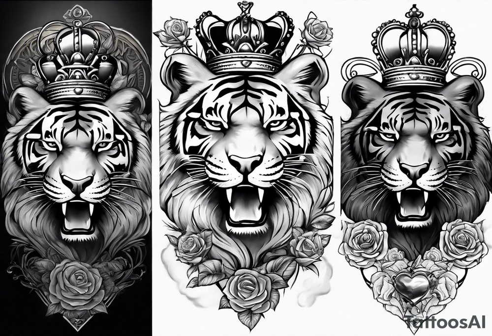Full right arm sleeve  tiger with a crown and third eye with a hour glass instead the hour glass brain cover in in clouds and a heart cover in grass and roots with roses and smoke all over the arm tattoo idea