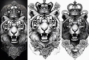 Full right arm sleeve  tiger with a crown and third eye with a hour glass instead the hour glass brain cover in in clouds and a heart cover in grass and roots with roses and smoke all over the arm tattoo idea