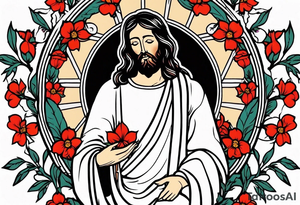 jesus
old school vintage simple traditional design with vintage flowers surrounding
bold color simple tattoo idea