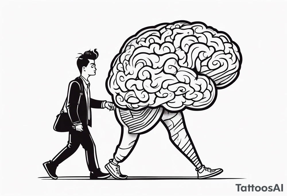 Human walking a brain like a dog tattoo idea
