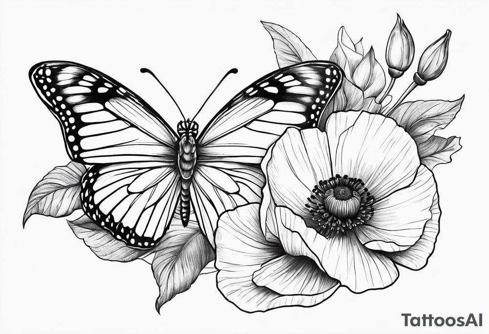 Butterfly with poppy flowers as the top wings tattoo idea