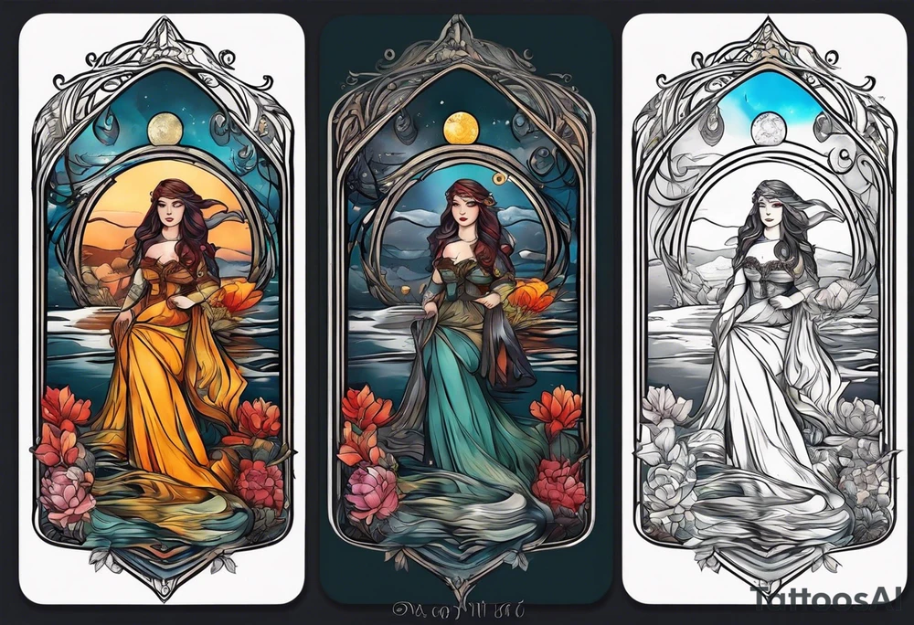 Lady of the lake in a tarot card design tattoo idea