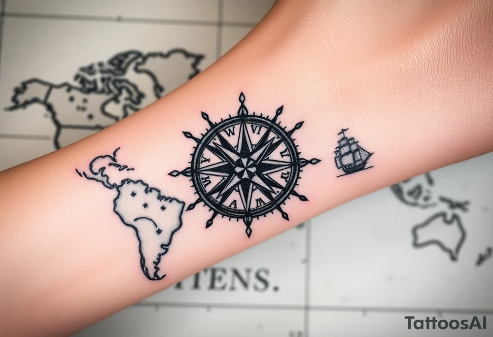 antique compass rose overlaid on weathered world map with sailing ships tattoo idea