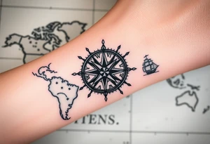 antique compass rose overlaid on weathered world map with sailing ships tattoo idea