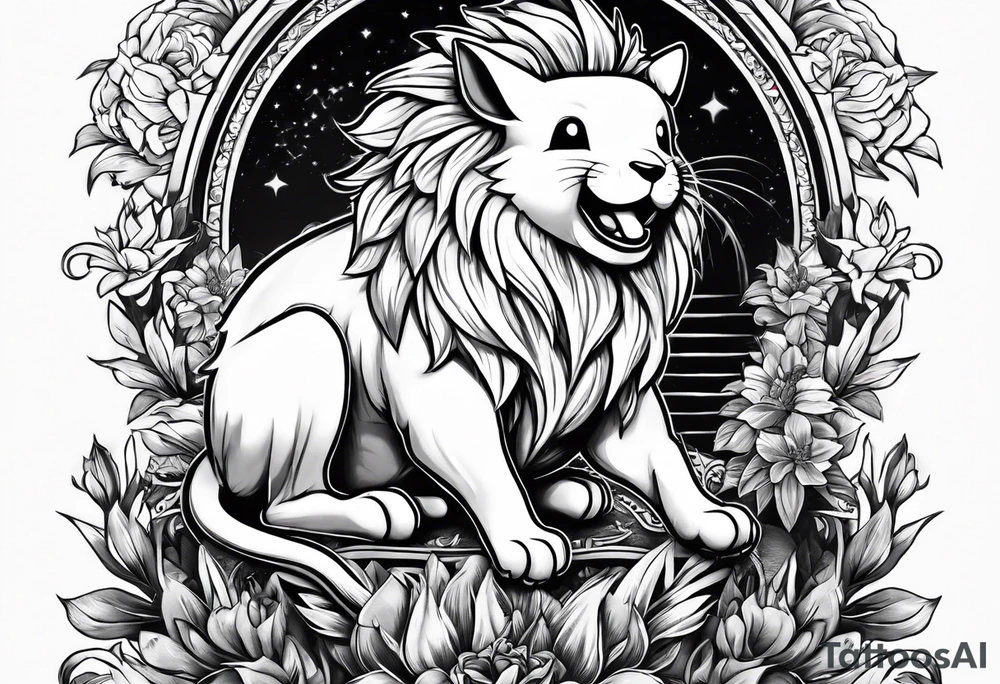 pickachu sitting on a lion listing to music tattoo idea