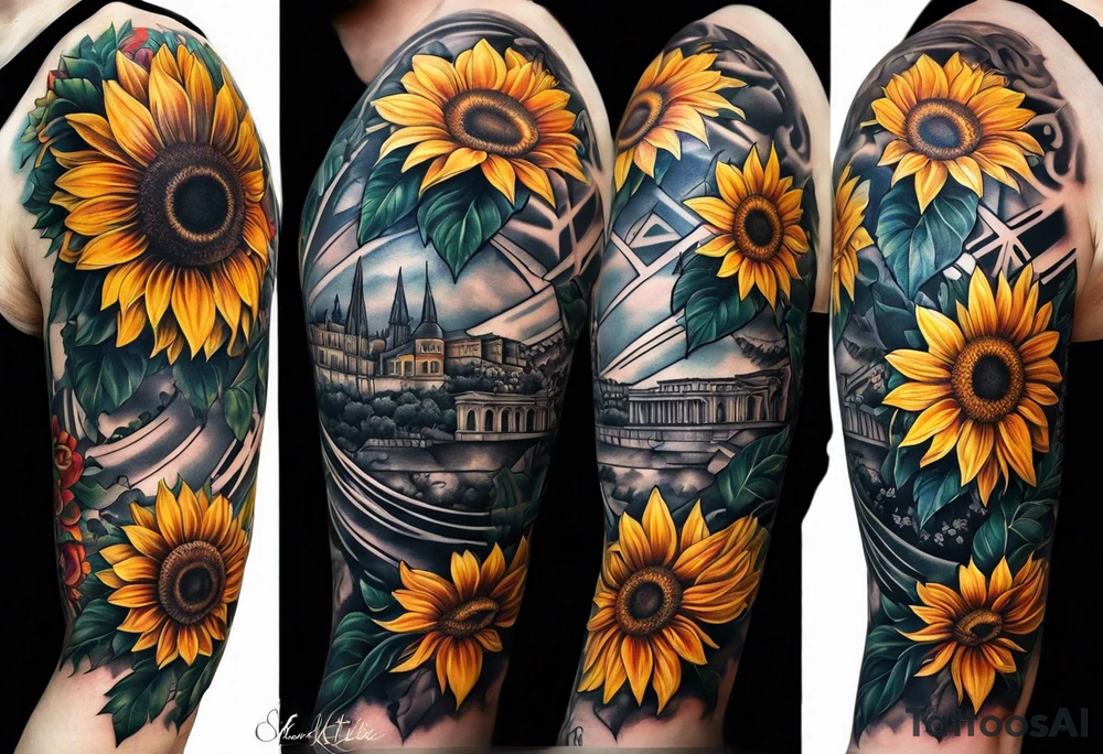 Arm sleeve Foral sunflower and roman numeral tattoo idea