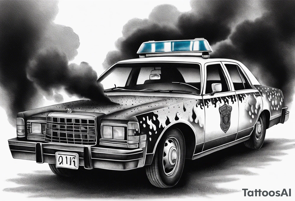 destroyed police car on fire tattoo idea
