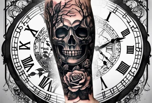 tattoo sleeve, tree roots break out of the chains at the bottom of the hand, Symbolizing loss, an image of a broken mask, Clock with flying numbers, girl, skull, roses tattoo idea