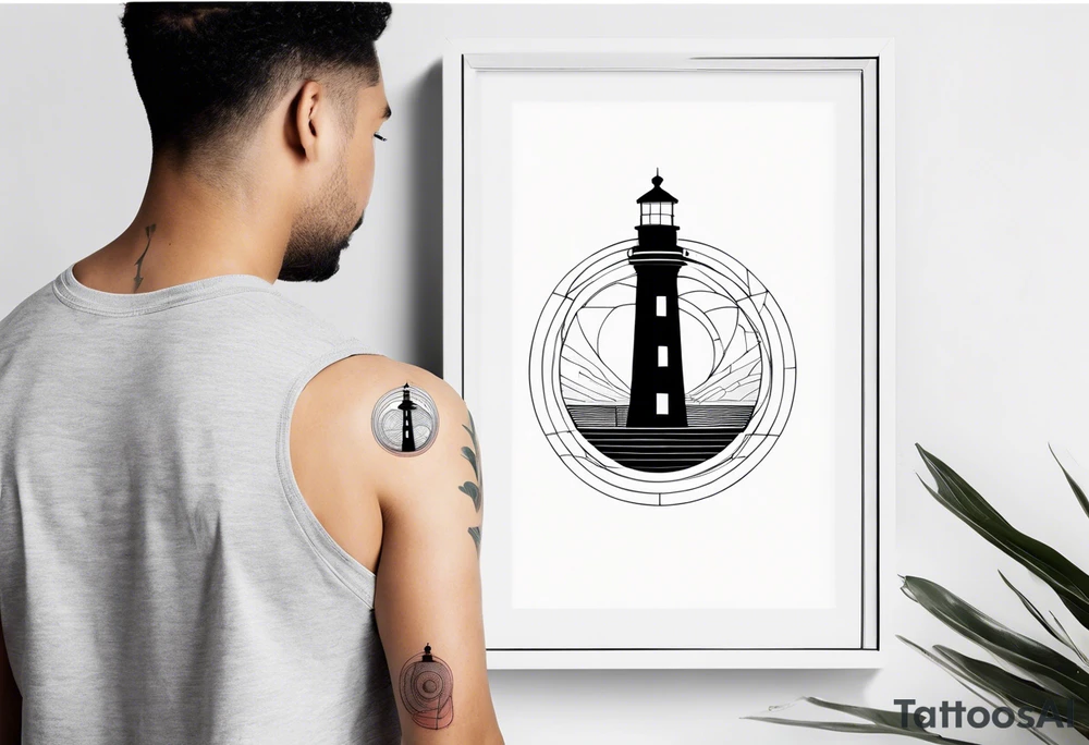 lighthouse geometric in fluid lines and circle framed tattoo idea