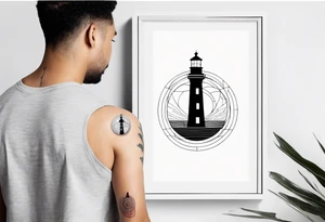 lighthouse geometric in fluid lines and circle framed tattoo idea