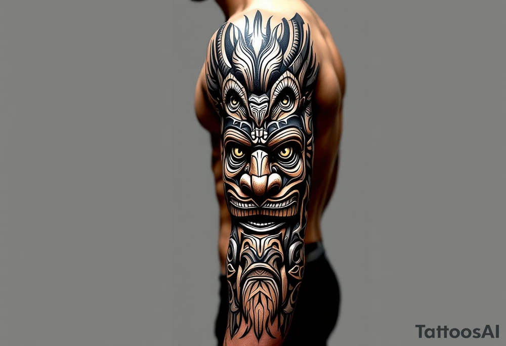 A black and brown totem pole with stacked animal faces carved into bark-like texture. tattoo idea