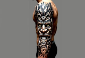 A black and brown totem pole with stacked animal faces carved into bark-like texture. tattoo idea