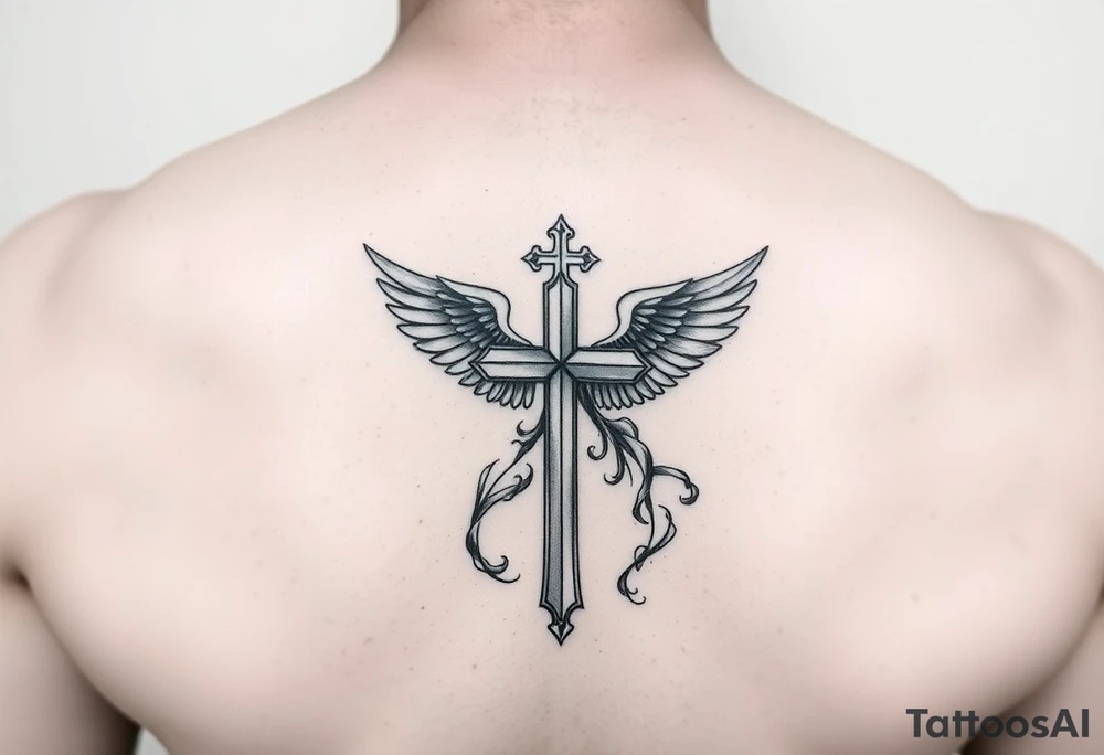 add cross neklace with one angel and some details cloud forearm tattoo idea