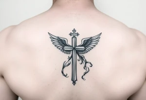 add cross neklace with one angel and some details cloud forearm tattoo idea