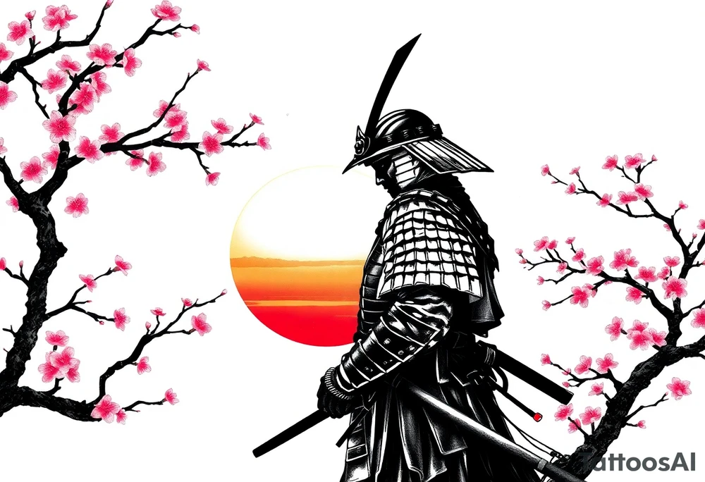 noble samurai warrior silhouette at sunset with cherry blossoms tattoo idea
