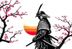 noble samurai warrior silhouette at sunset with cherry blossoms tattoo idea