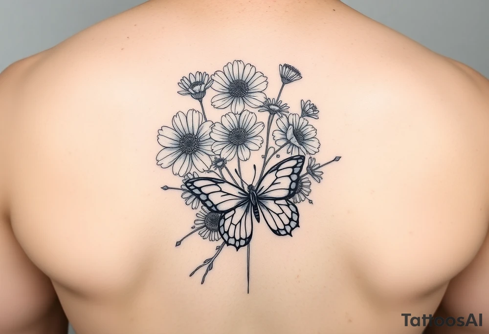 black fine line tattoo of an sweet pearl, aster and cosmos bouquets with a butterfly tattoo idea