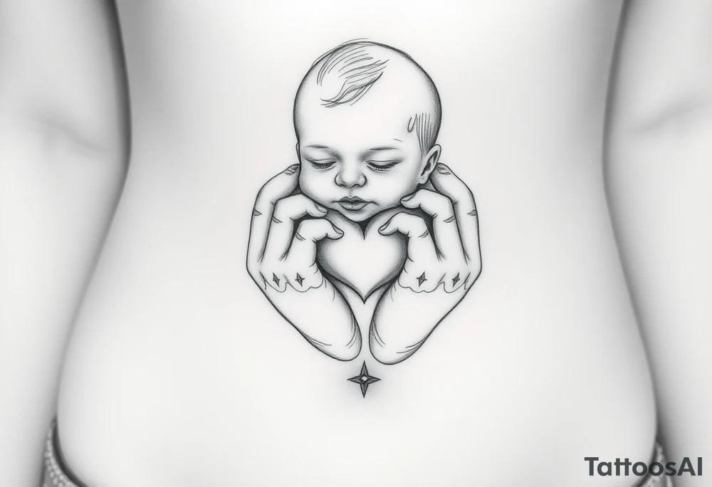 Baby held by working hands with hearts tattoo idea