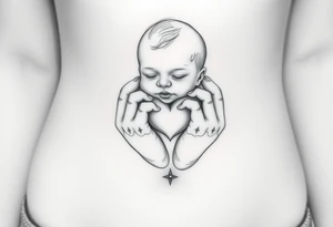 Baby held by working hands with hearts tattoo idea