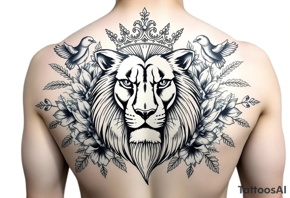 powerful majestic lion with a crown, surrounded by floral ornaments and birds tattoo idea