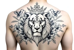 powerful majestic lion with a crown, surrounded by floral ornaments and birds tattoo idea