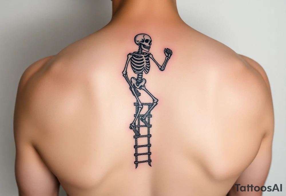 skeleton clibing up a rope ladder on forearm tattoo idea