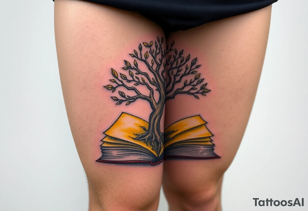 A family tree growing inside an open book, its leaves made of golden pages, representing a legacy passed down through generations tattoo idea