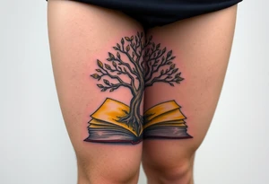 A family tree growing inside an open book, its leaves made of golden pages, representing a legacy passed down through generations tattoo idea