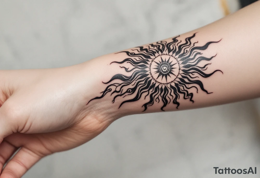 Word "phuong" written with sun inner arm tattoo idea