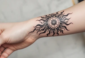 Word "phuong" written with sun inner arm tattoo idea