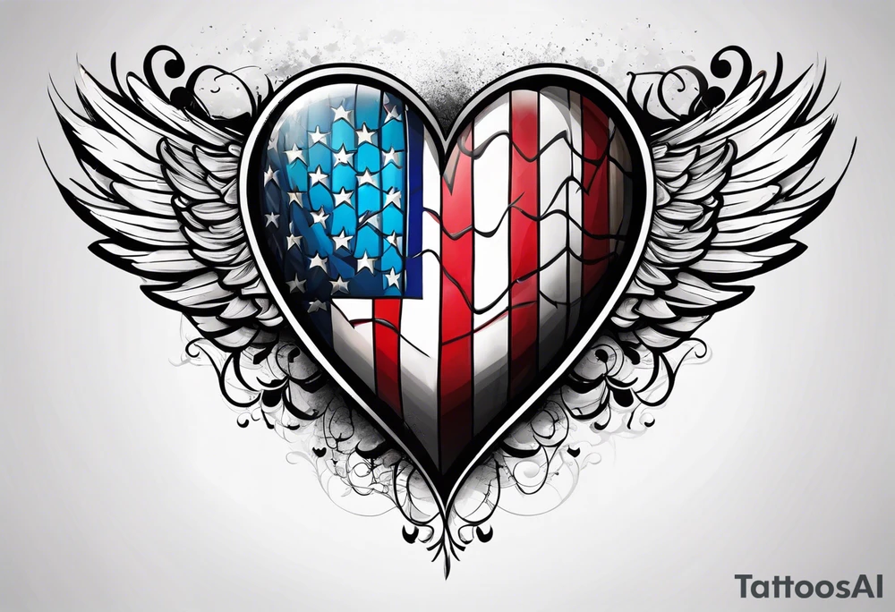 Flag inside of a heart with wings tattoo idea