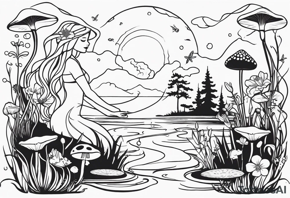 A swamp that has cypress trees, mushrooms, wild flowers, lily pads, frogs, and bugs with a mermaid in the background that is singing music. tattoo idea