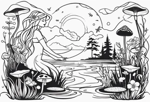 A swamp that has cypress trees, mushrooms, wild flowers, lily pads, frogs, and bugs with a mermaid in the background that is singing music. tattoo idea