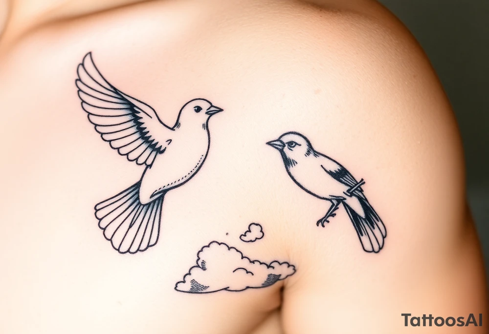 Dove and a blue jay, clouds, shining light to or from heaven tattoo idea