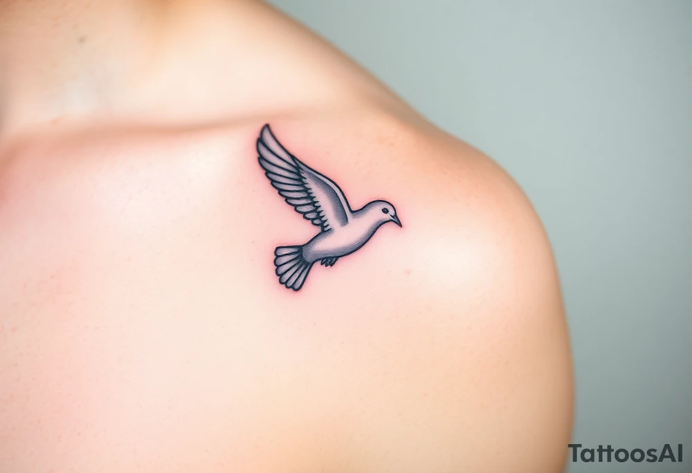A realistic collared dove in flight, wings spread wide with soft gray and white feathers, symbolizing peace and freedom tattoo idea