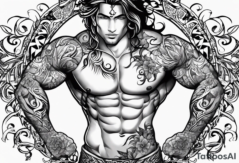 vines coming from skin and wrapping around body. front torso (chest, abs) male tattoo idea