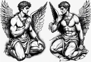 God hermes kneeling with wings wrapped around him tattoo idea