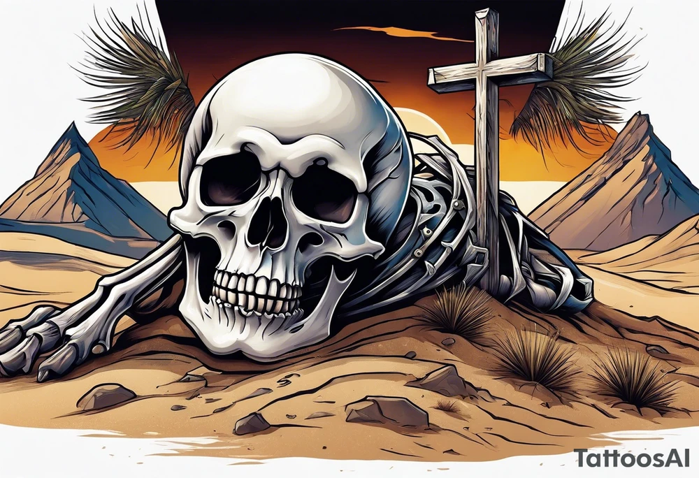 skeleton crawling towards a cross in a desert tattoo idea